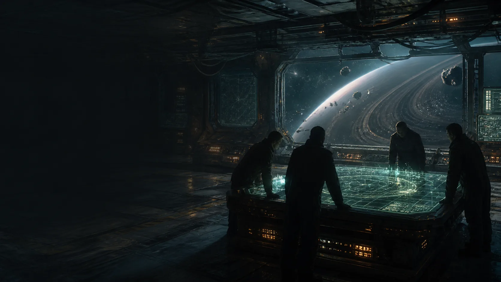 Original science-fiction operations room with an anonymous team around a holographic table