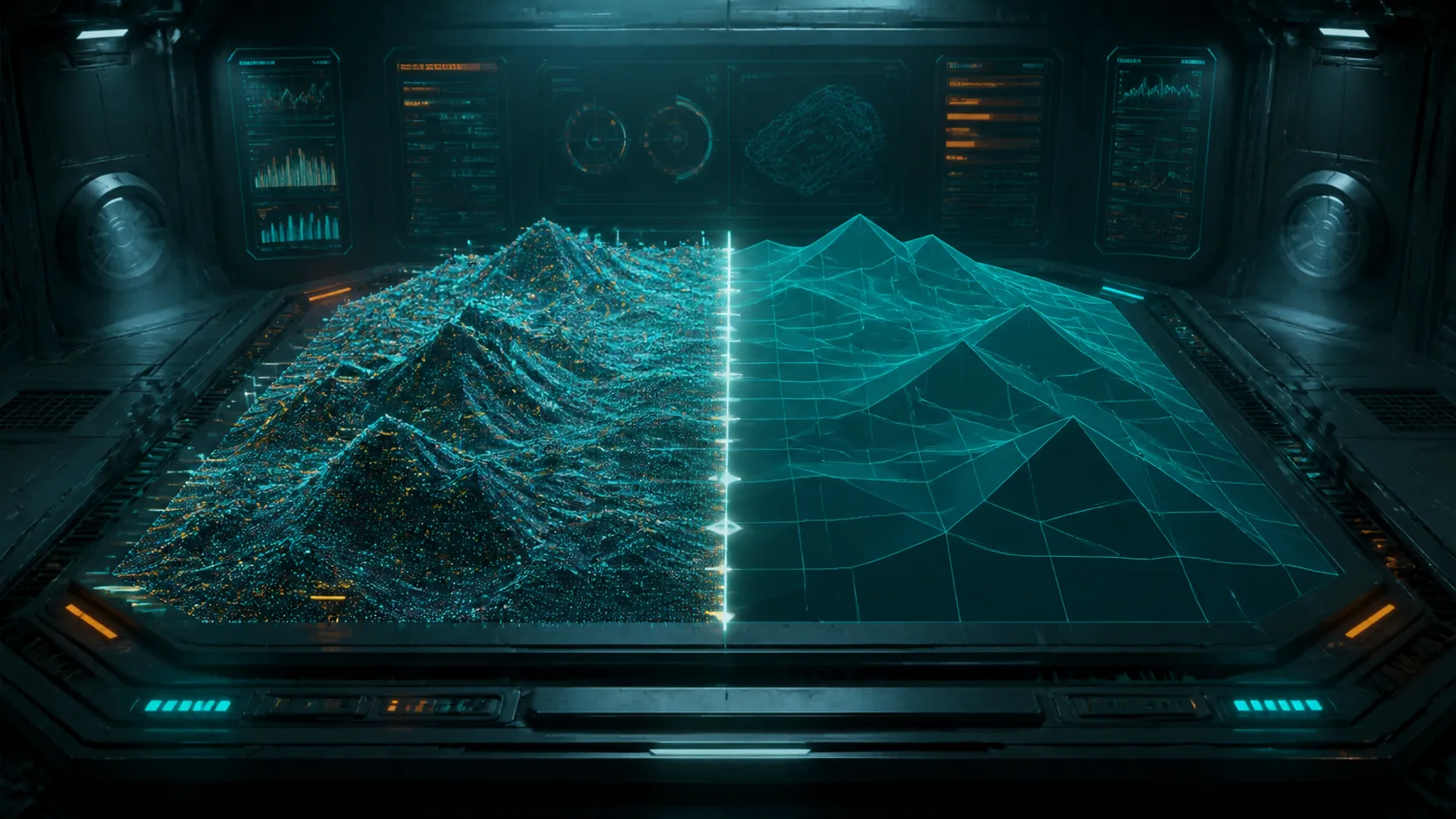 Original diagnostic display comparing dense and simplified holographic terrain