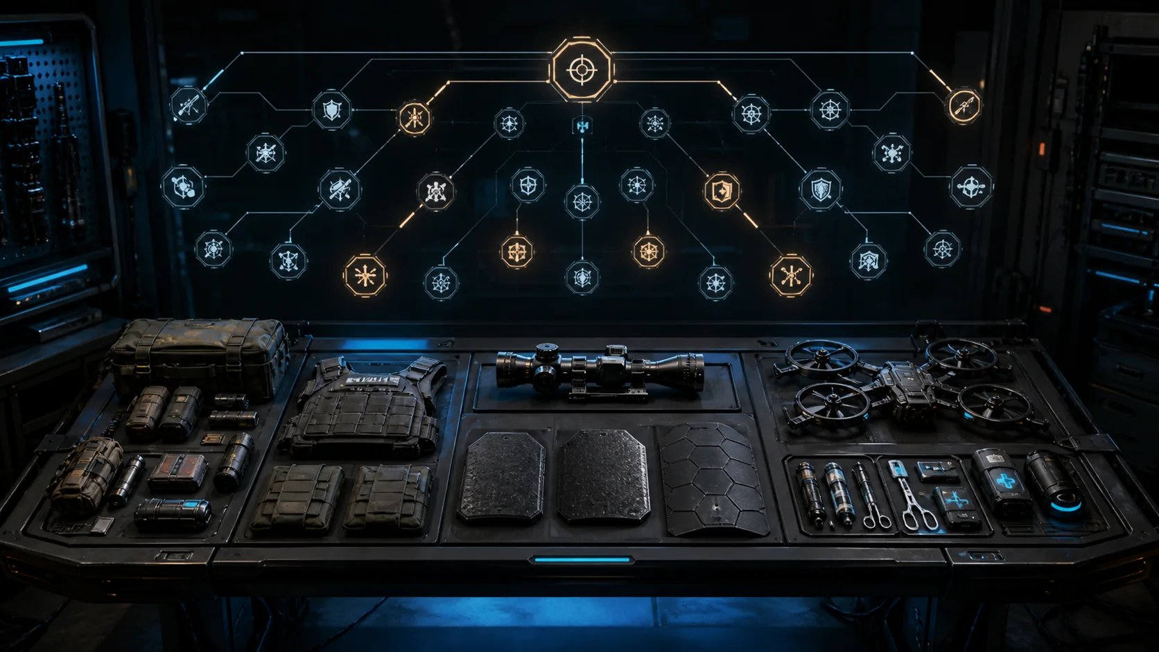 Original class-development workbench beneath a branching holographic skill network