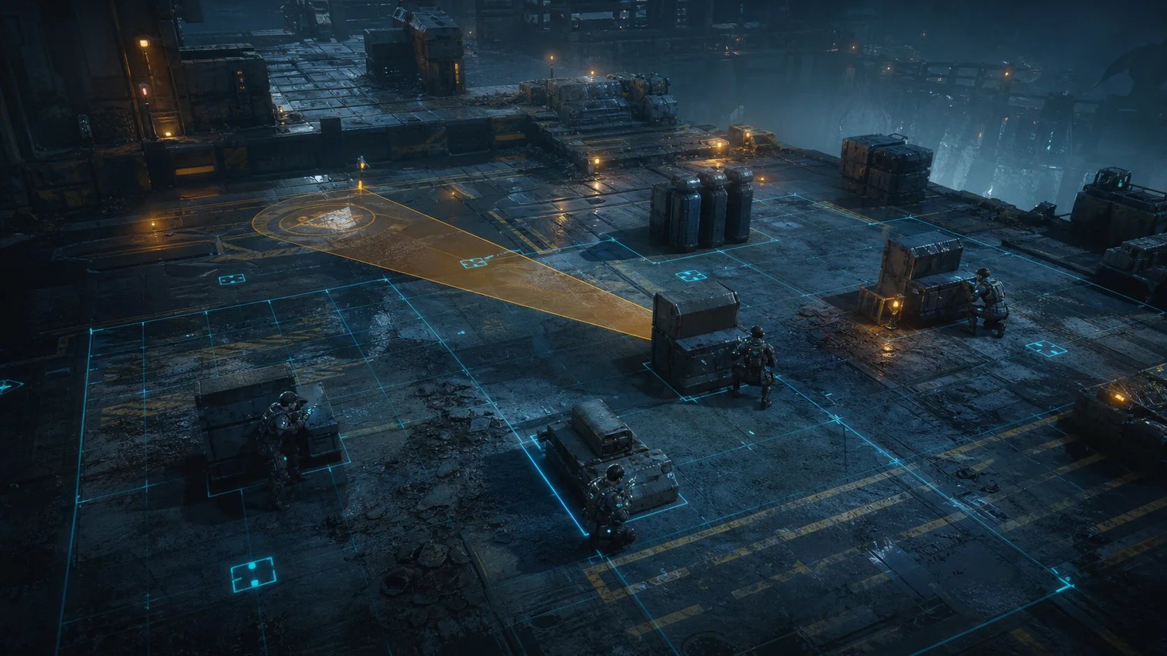 Original turn-based tactical battlefield with four anonymous operators behind cover
